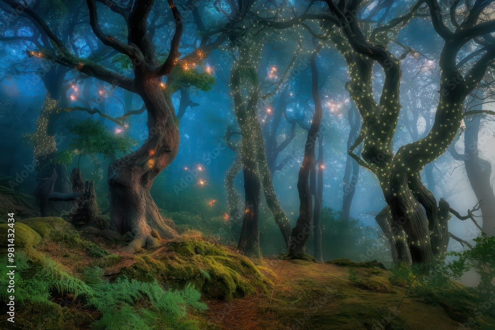 Poster A forest with trees lit up with lights. Scene is magical and enchanting