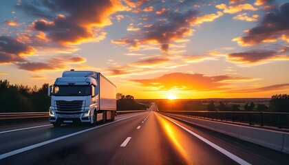 White delivery van cruising along the highway with a stunning sunset backdrop