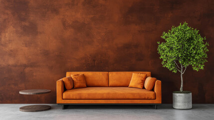 Orange sofa in a modern living room with a brown wall and potted plant.