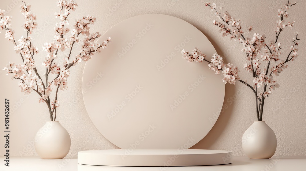Aufkleber A white round table with two vases of flowers on it. The table is empty and the vases are filled with flowers. The flowers are pink and the table is in a room with a white wall