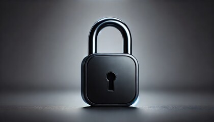 A black padlock with a keyhole. The padlock is on a grey surface