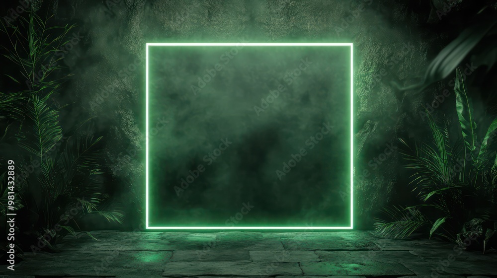 Poster a 3d render featuring an abstract neon green glowing square frame surrounded by lush tropical plants