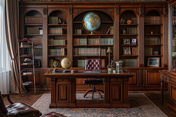 Study room with mahogany desk and antique furniture