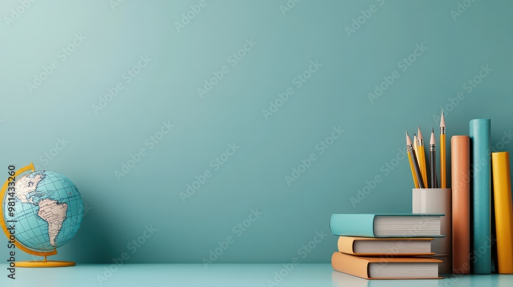 Aufkleber A blue wall with a globe and a stack of books on it. The books are arranged in a row and the globe is placed on a stand. Concept of learning and exploration, as the books