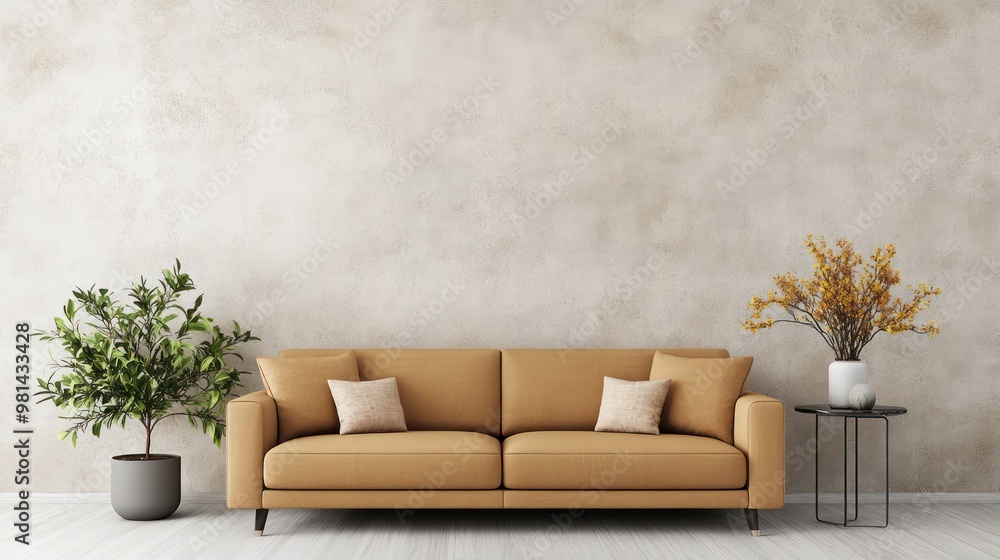 Poster a tan couch sits in front of a wall with a vase of flowers on a table. the room has a clean and mini