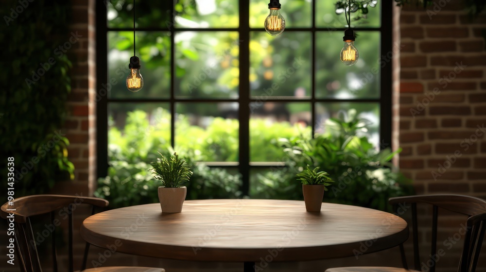 Poster a table with two potted plants and three light bulbs hanging from the ceiling. scene is warm and inv