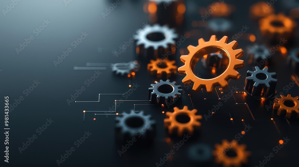 Wall mural gears spinning in harmony with digital arrows, representing smooth workflow integration in business