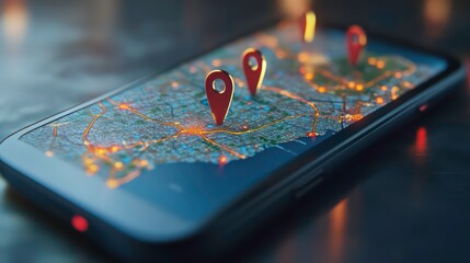 Gold location pins on a phone screen showing a map of a city at night.