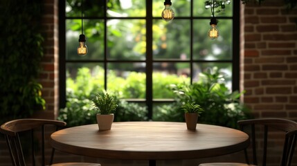 A table with two potted plants and three light bulbs hanging from the ceiling. Scene is warm and inviting