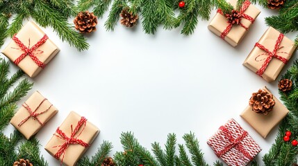 Christmas gift boxes decorated with ribbon and fir branches on white background