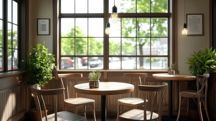 A cozy cafe with wooden tables and chairs, and potted plants. The atmosphere is warm and inviting, perfect for a relaxing afternoon or a quick coffee break