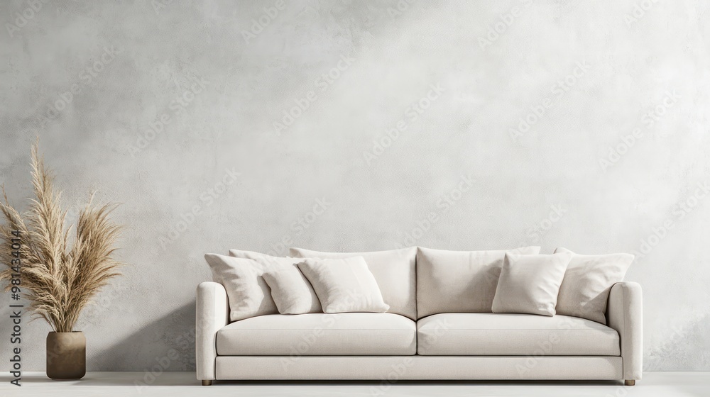 Poster a white couch sits in front of a wall with a vase of dried grass. the room is empty and has a minima