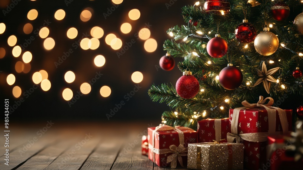 Poster a christmas tree with red and gold ornaments and presents underneath it. the tree is lit up and surr