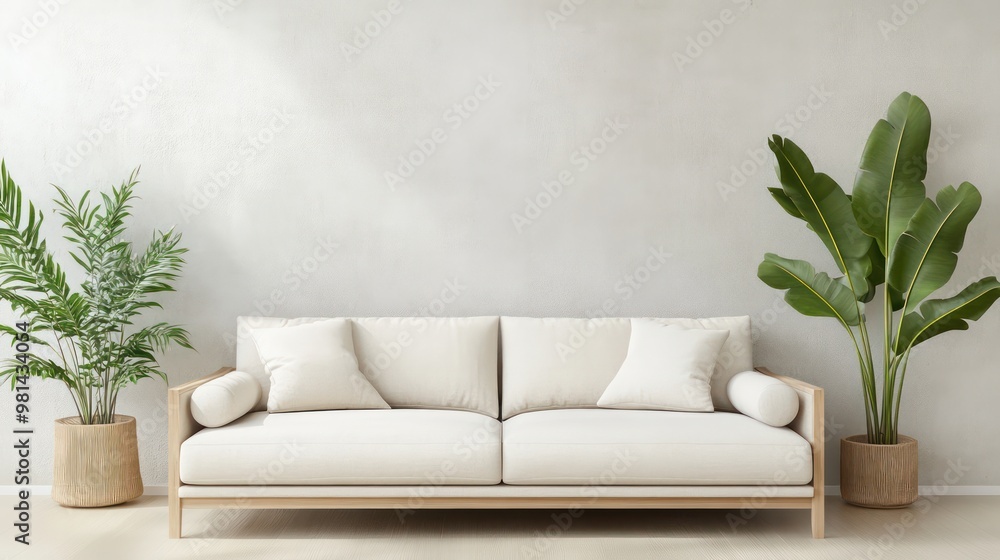 Poster a white couch sits in front of a wall with a plant in a pot. the couch is unoccupied and the room is