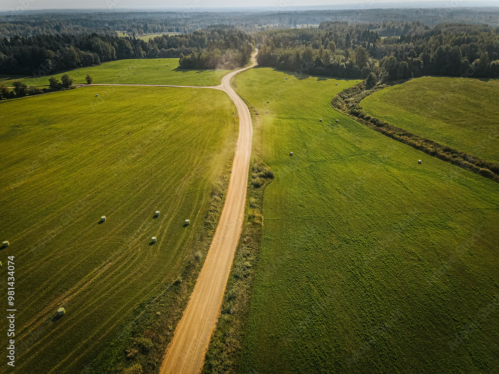 Wall mural Aerial image of a winding dirt road cutting through expansive green fields dotted with hay bales. A dense forest borders the horizon, creating a picturesque rural landscape.