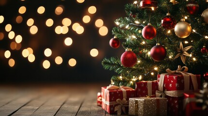 A Christmas tree with red and gold ornaments and presents underneath it. The tree is lit up and surrounded by a blurry background