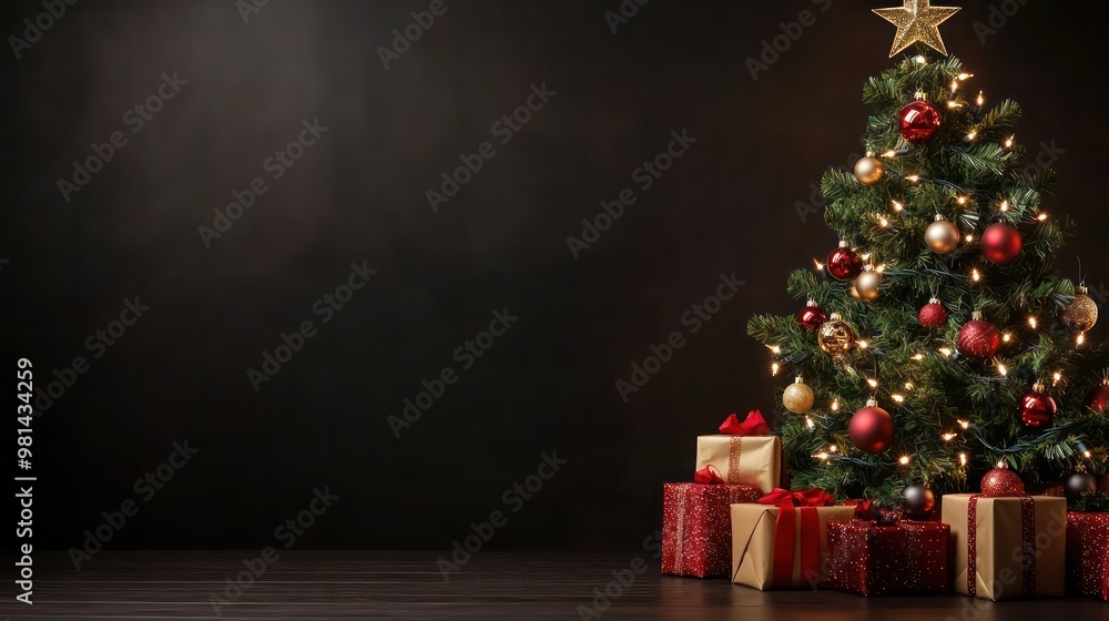 Poster a christmas tree with many ornaments and a star on top. the tree is surrounded by several boxes, whi