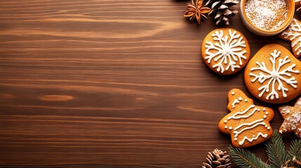 Christmas gingerbread cookies decorated with icing lying on a wooden surface