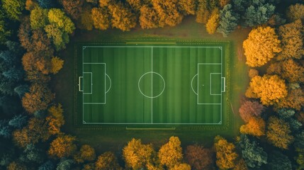 Aerial View of a Soccer Field Surrounded by Vibrant Autumn Trees in a Forest Setting