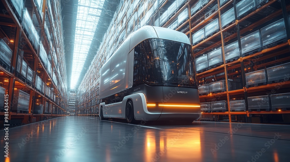 Poster futuristic storage facility showcasing autonomous mobile robots in action
