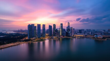 Obraz premium A city skyline with a large body of water in the background. The sky is a beautiful mix of pink and orange hues