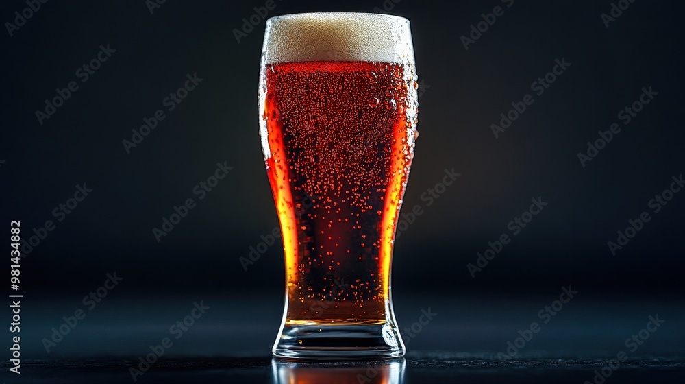 Wall mural glass of cold beer with condensation on dark background