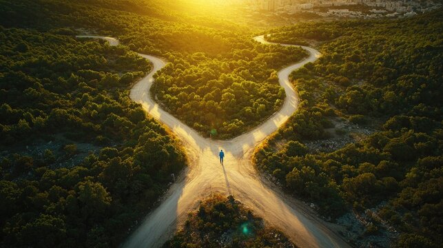 Aerial view of Y-shaped road intersection in dramatic landscape, one path leads to lush forest, other to gleaming city, person with blue face marking standing at fork, golden sunlight,