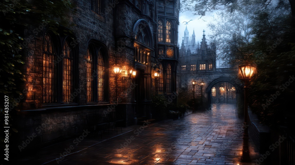 Poster a dark alleyway with a building in the background. the street is wet and the lights are on
