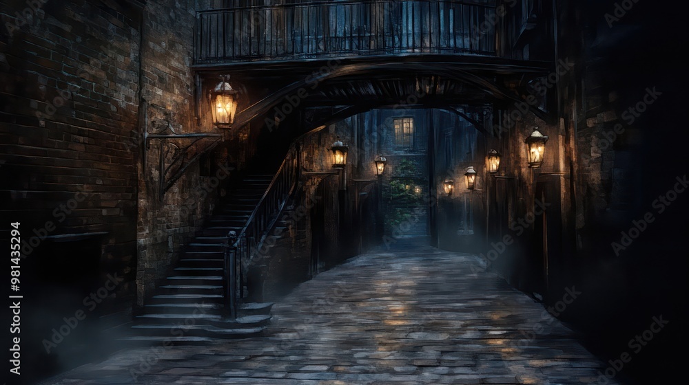 Poster a dark alleyway with a staircase leading up to a building. the scene is set in a city at night, with