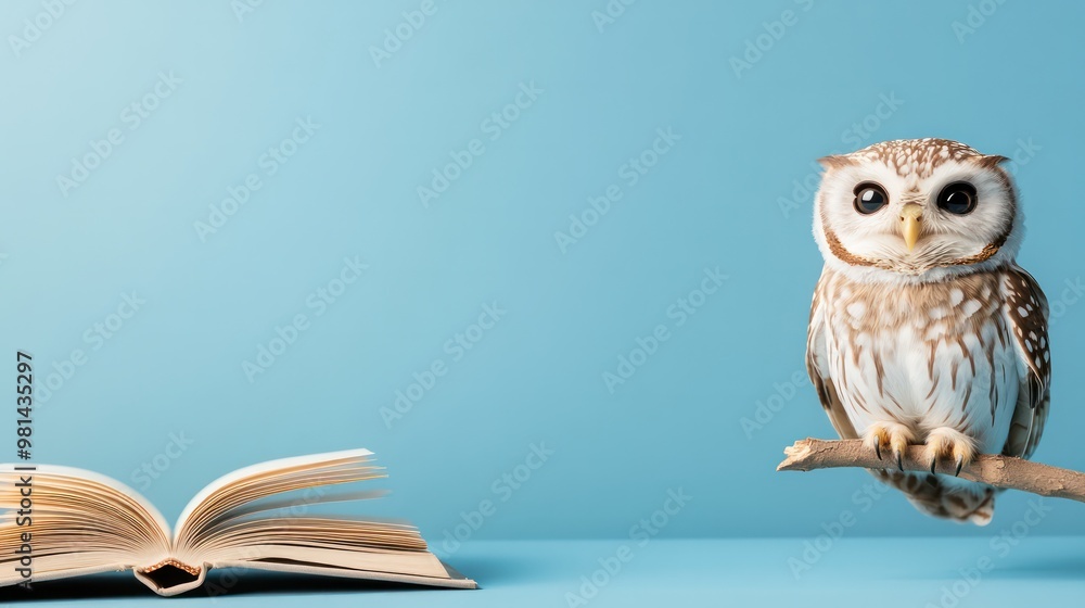 Aufkleber A small owl is perched on a branch next to an open book. The owl is looking at the camera, and the book is open to a page with a picture of a tree. Concept of curiosity and wonder