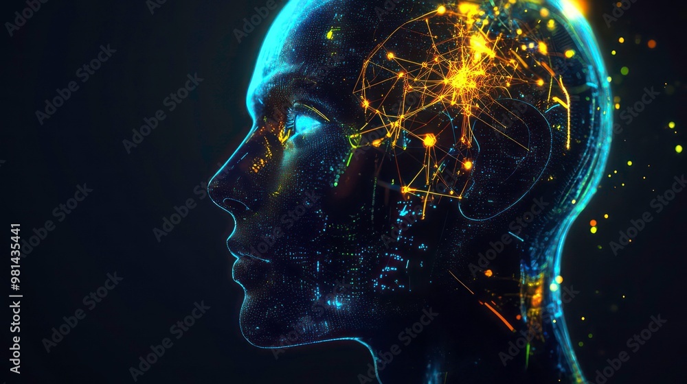 Poster a digital rendering of a human face made of glowing lines and dots against a dark background.