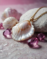 Handcrafted bracelets on driftwood at sunset, with seashells, sea glass, and sand, in warm, golden light