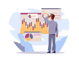 Business analysis man. Young guy near infographic. Statistics and data visualization. Investor and trader conducts analytical research of market. Flat vector illustration