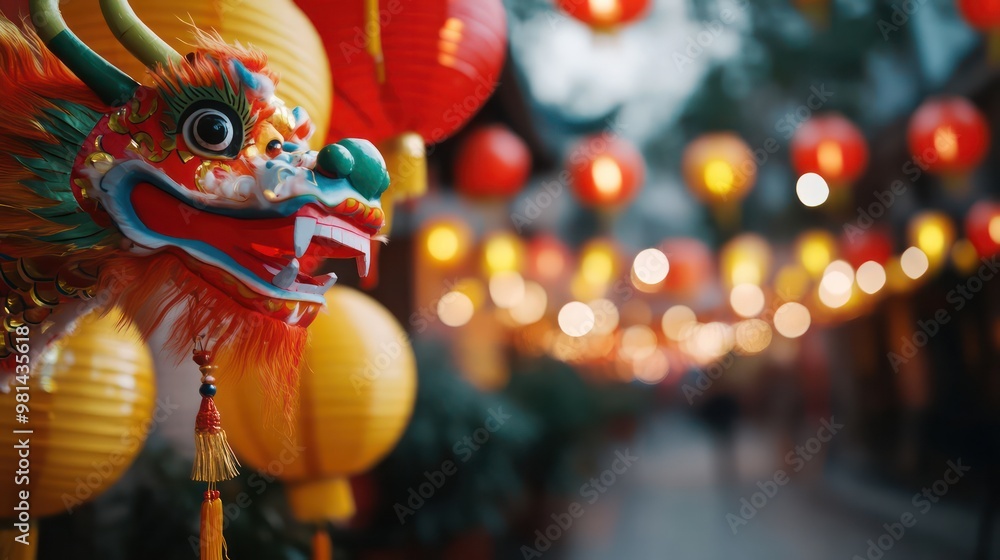 Poster a dragon is on display with a red and yellow lanterns in the background. the dragon is surrounded by