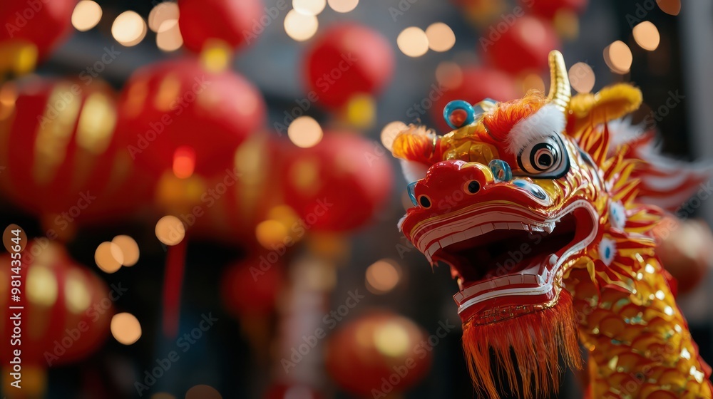 Aufkleber a dragon is shown with its mouth open, surrounded by red and gold lanterns. the scene is set in a fe