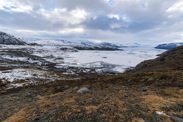 Hoffellsjokull glacier in the South of Iceland sunset landscape