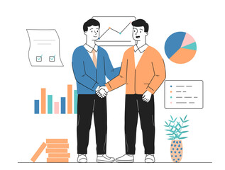 Business partnership men. Young guys near graphs and charts. Collaboration and cooperation, partnership. Partners working on common project. Linear vector illustration