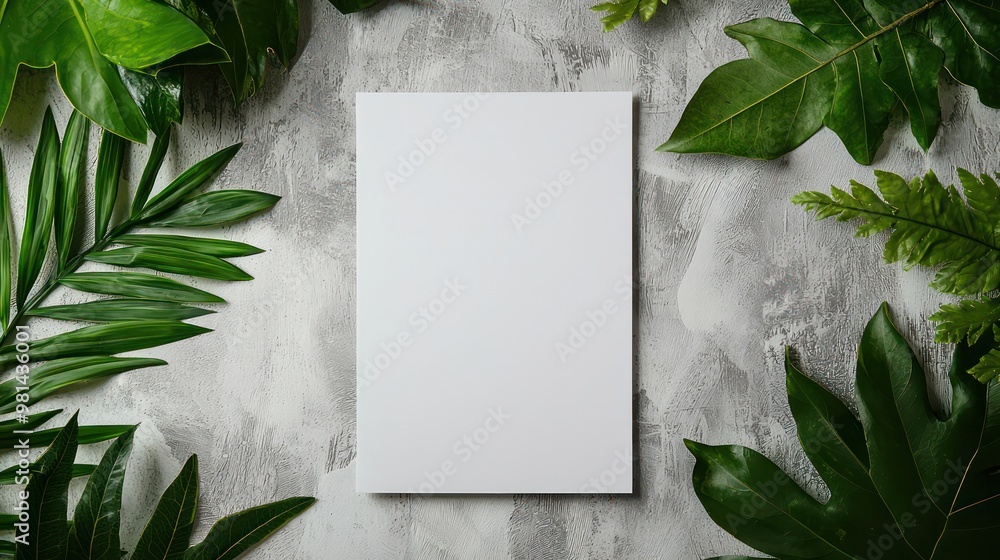Poster a white piece of paper is placed in front of a green leafy background. the paper is empty and the ba