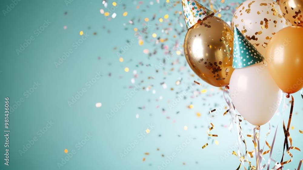 Poster a bunch of gold and white balloons with gold hats on top of them. the balloons are scattered in the 