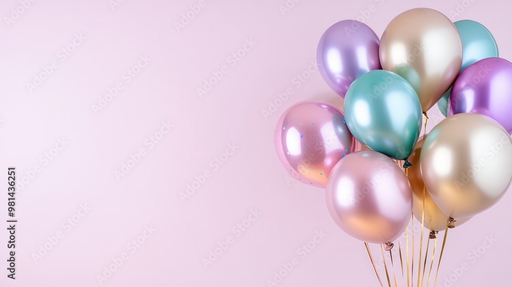 Poster A bunch of colorful balloons are floating in the air above a pink background. The balloons are of different sizes and colors, creating a festive and lively atmosphere