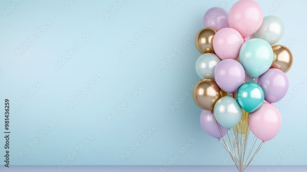 Poster A bunch of colorful balloons are arranged in a pyramid shape on a blue background. The balloons are of different colors and sizes, creating a vibrant and lively atmosphere