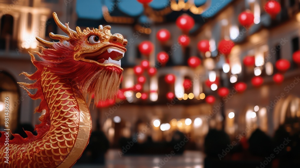 Poster a dragon statue is in front of a building with red lanterns hanging from the roof. the scene is set 