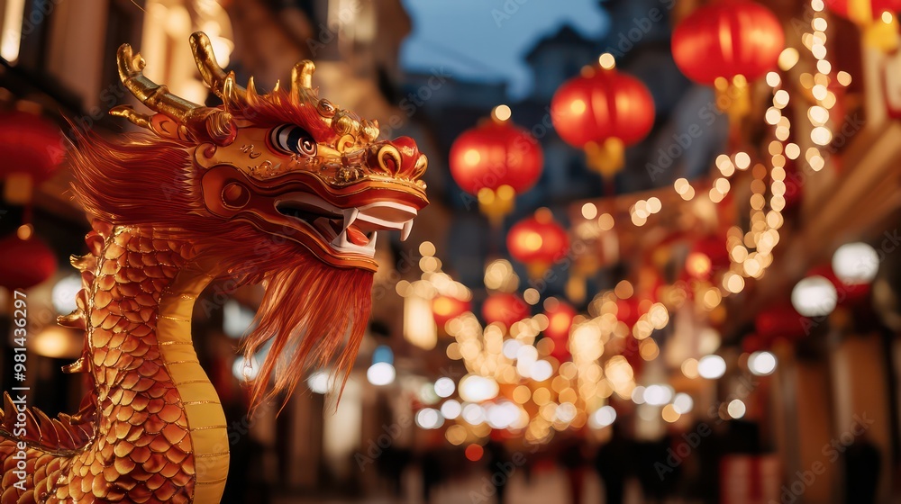 Poster a dragon is standing in front of a street with many red lanterns hanging from the buildings. the sce