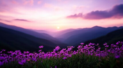 Fototapeta premium A beautiful purple field of flowers with a sunset in the background. The sky is a mix of pink and purple, creating a serene and peaceful atmosphere. The flowers are scattered throughout the field