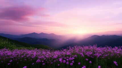 A beautiful purple field with mountains in the background. The sun is setting, casting a warm glow over the flowers. The scene is peaceful and serene