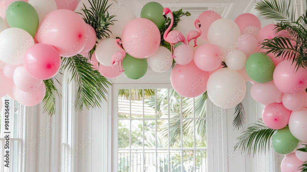 Poster A pink and green balloon arch with flamingos on it. The flamingos are in different sizes and are scattered throughout the arch. The arch is hanging from the ceiling and is in a room with a window
