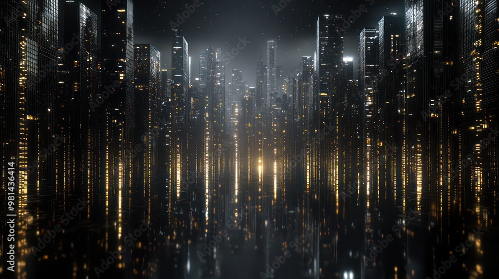 Poster a futuristic metallic cityscape with towering buildings covered in chrome, reflecting lights and cre