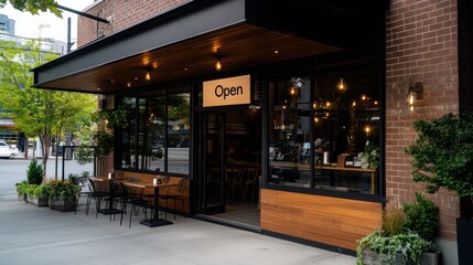 A brick building with a wooden front door and a sign that says "Open". The building has a patio with several chairs and potted plants