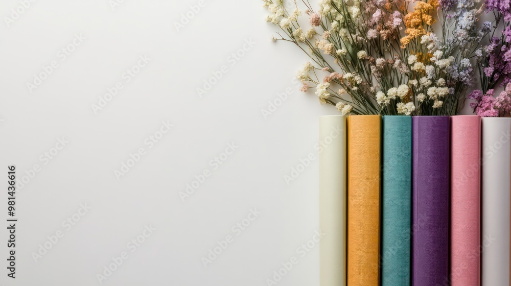 Poster A row of colorful books with flowers in between them. The books are arranged in a way that they create a sense of harmony and balance. The flowers add a touch of natural beauty to the scene