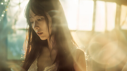 Cinematic still of a woman with long hair standing in sand with a environment of sadness